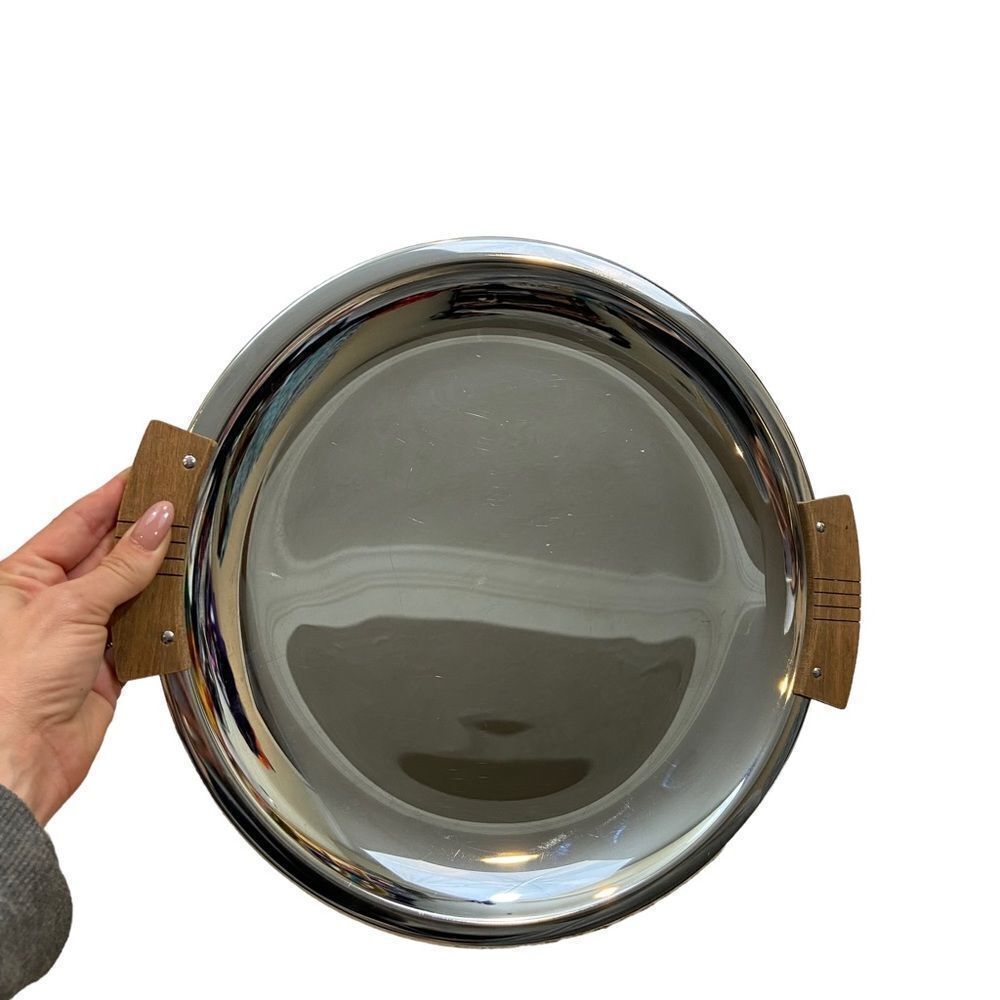 Vintage MCM Kromex Serving Tray‎ with Wooden Handles
